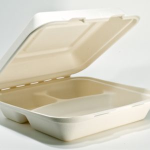 Takeaway box with 3 sections with lid half open