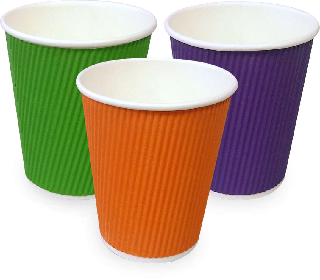 Purple, red and green cardboard empty cups