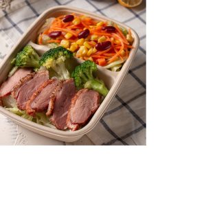 Salad tub with a divider in the middle with food inside